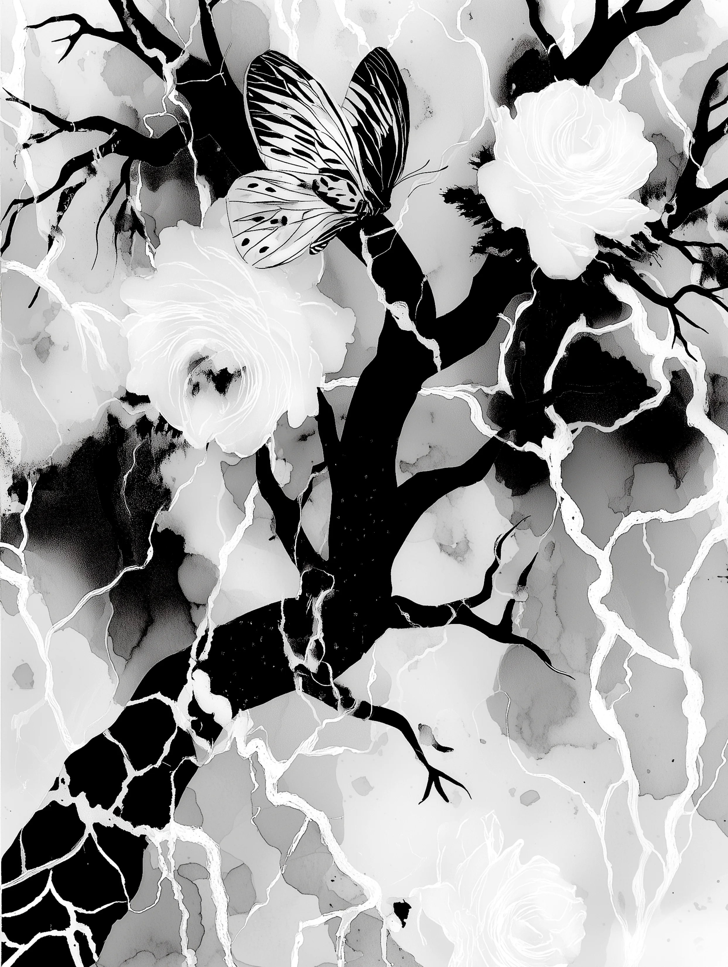 Free printable dead tree coloring page for adults featuring lightning and a dead tree